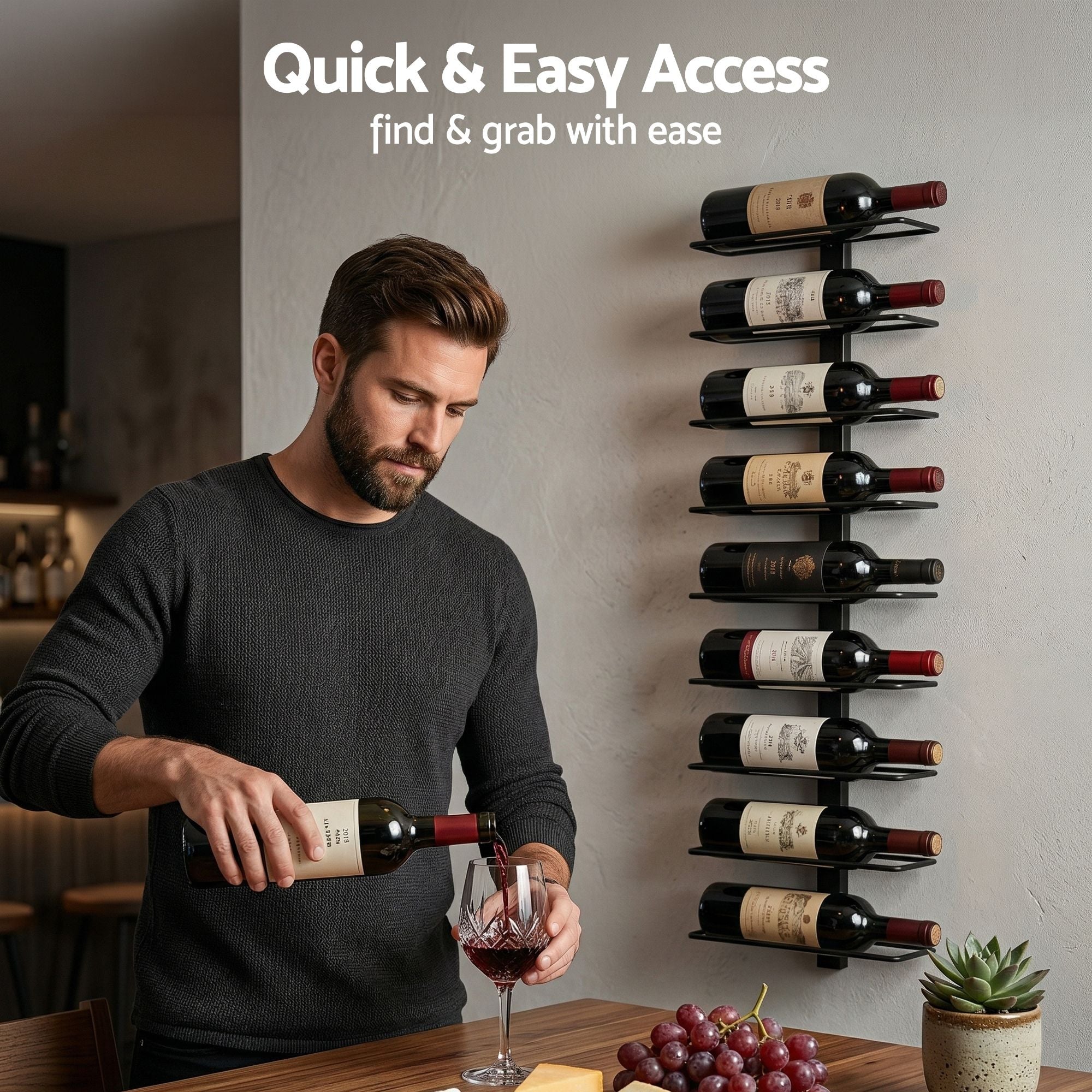 Artiss Wall Mounted Wine Rack 9 Bottles Display Storage Organizer Metal Black-Furniture > Dining > Wine Racks-PEROZ Accessories