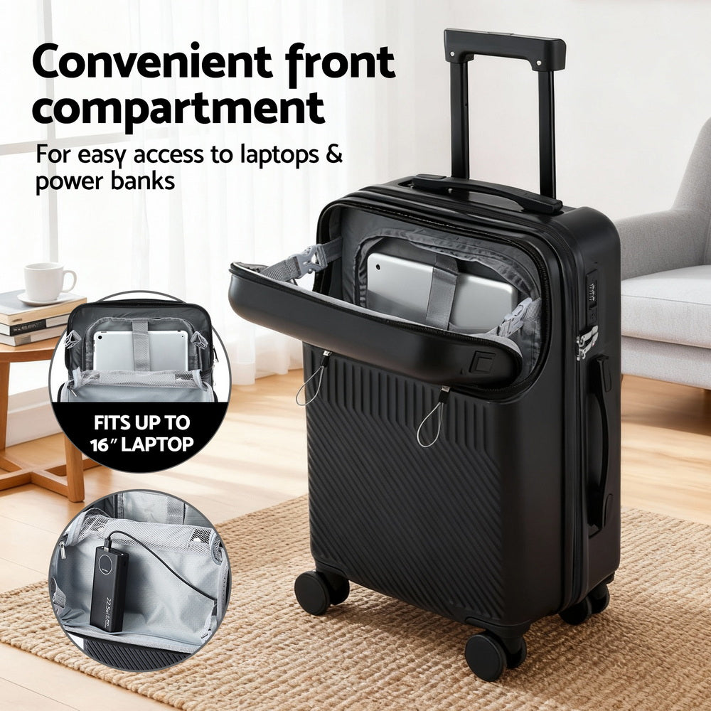 Wanderlite 20" Luggage Suitcase Front Pocket Travel Carry On TSA Black-Home &amp; Garden > Travel > Suitcases-PEROZ Accessories
