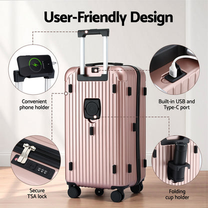 Wanderlite 28" Trunk Luggage Suitcase Travel 5 Wheels Type-C Port TSA Rose Gold-Electronics > Business &amp; Home Security > Safes &amp; Lock Boxes-PEROZ Accessories