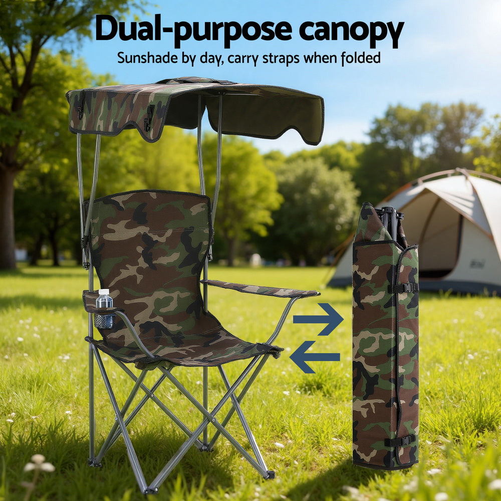 Weisshorn Camping Chair With Canopy Folding Outdoor Portable Seat Lightweight Beach Picnic Fishing Capacity 120KG Army Green-Furniture &gt; Outdoor &gt; Outdoor Chairs-PEROZ Accessories