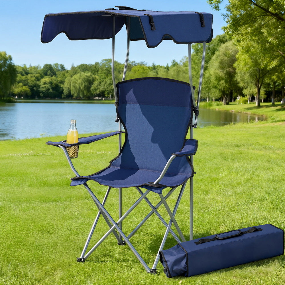 Weisshorn Camping Chair With Canopy Folding Outdoor Portable Seat Lightweight Beach Picnic Fishing Capacity 120KG Navy Blue-Furniture &gt; Outdoor &gt; Outdoor Chairs-PEROZ Accessories