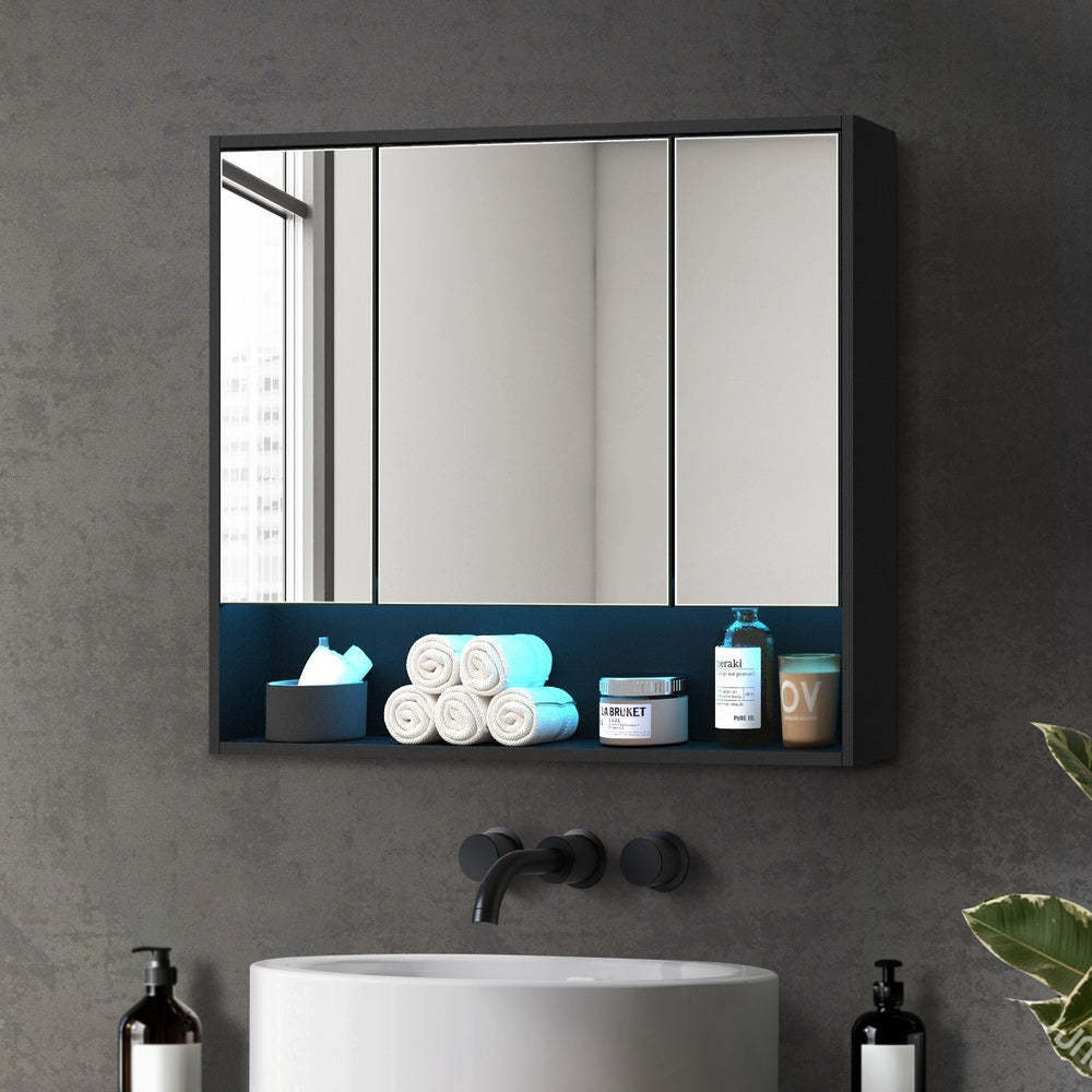Welba Bathroom Mirror Cabinet LED Wall Storage 900x750mm Black-Bathroom Cabinet-PEROZ Accessories