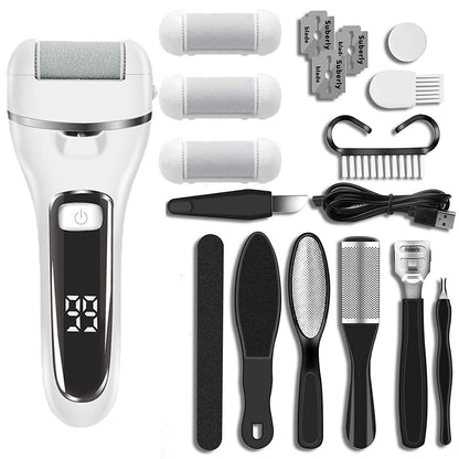 White 10 Pcs Suit Electric Foot Callus Remover with LCD Display | Waterproof Pedicure Set | Dual-Speed Dead Skin Exfoliator for Smooth Feet-Foot Care-PEROZ Accessories