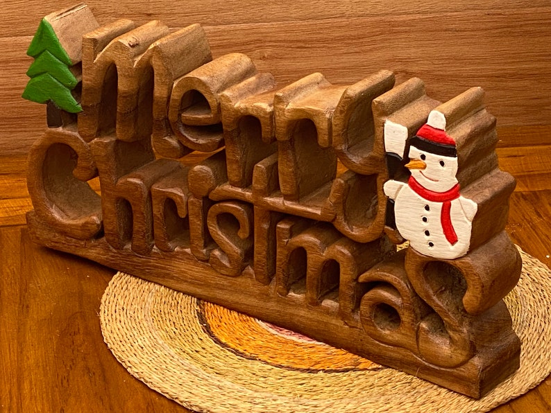 Wooden carved Merry Christmas decoration 38 cm long with Tree and Star-Occasions > Christmas > Christmas Decorations-PEROZ Accessories