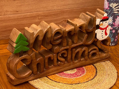 Wooden carved Merry Christmas decoration 38 cm long with Tree and Star-Occasions > Christmas > Christmas Decorations-PEROZ Accessories
