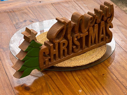Wooden carved Merry Christmas decoration 38 cm long with Tree and Star-Occasions > Christmas > Christmas Decorations-PEROZ Accessories