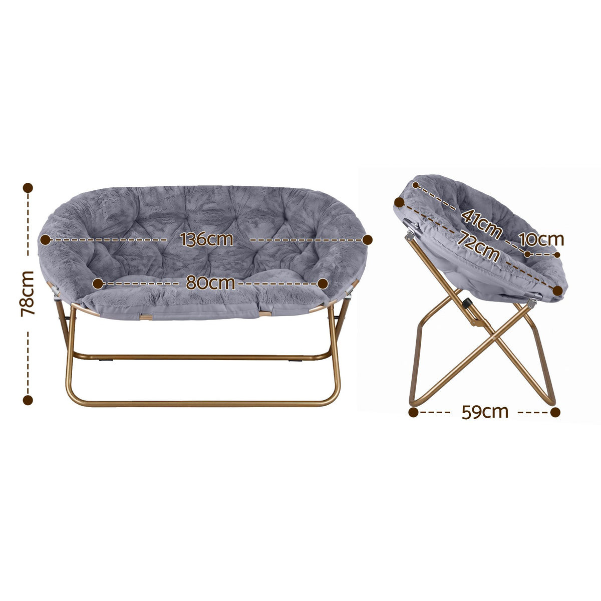 Artiss Double Saucer Chair Soft Faux Fur Lounge Foldable Oversize Chair for Bedroom Grey-Furniture > Bar Stools &amp; Chairs > Arm Chairs &amp; Recliners-PEROZ Accessories