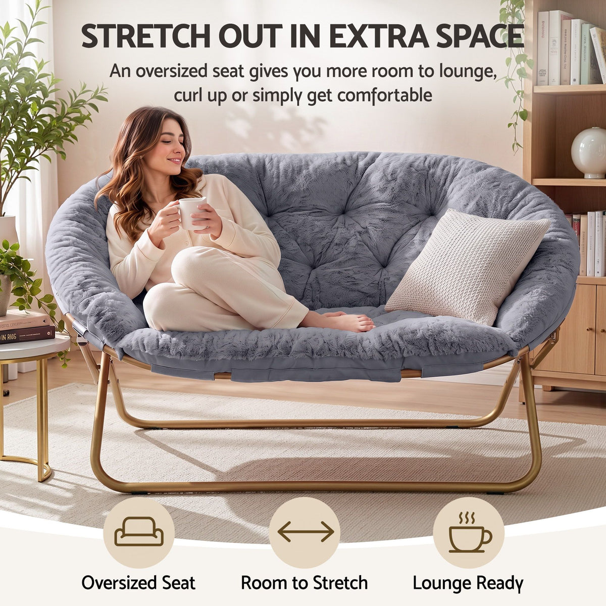 Artiss Double Saucer Chair Soft Faux Fur Lounge Foldable Oversize Chair for Bedroom Grey-Furniture > Bar Stools &amp; Chairs > Arm Chairs &amp; Recliners-PEROZ Accessories