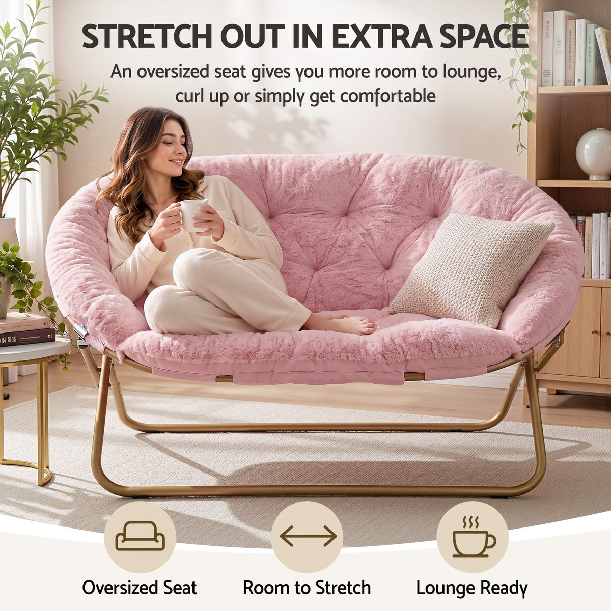 Artiss Double Saucer Chair Soft Faux Fur Lounge Foldable Oversize Chair for Bedroom Pink-Furniture > Bar Stools &amp; Chairs > Arm Chairs &amp; Recliners-PEROZ Accessories