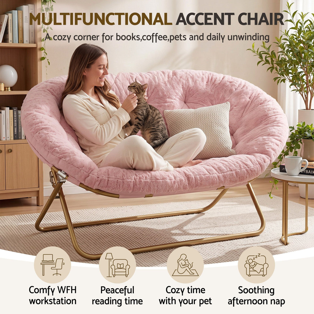 Artiss Double Saucer Chair Soft Faux Fur Lounge Foldable Oversize Chair for Bedroom Pink-Furniture > Bar Stools &amp; Chairs > Arm Chairs &amp; Recliners-PEROZ Accessories
