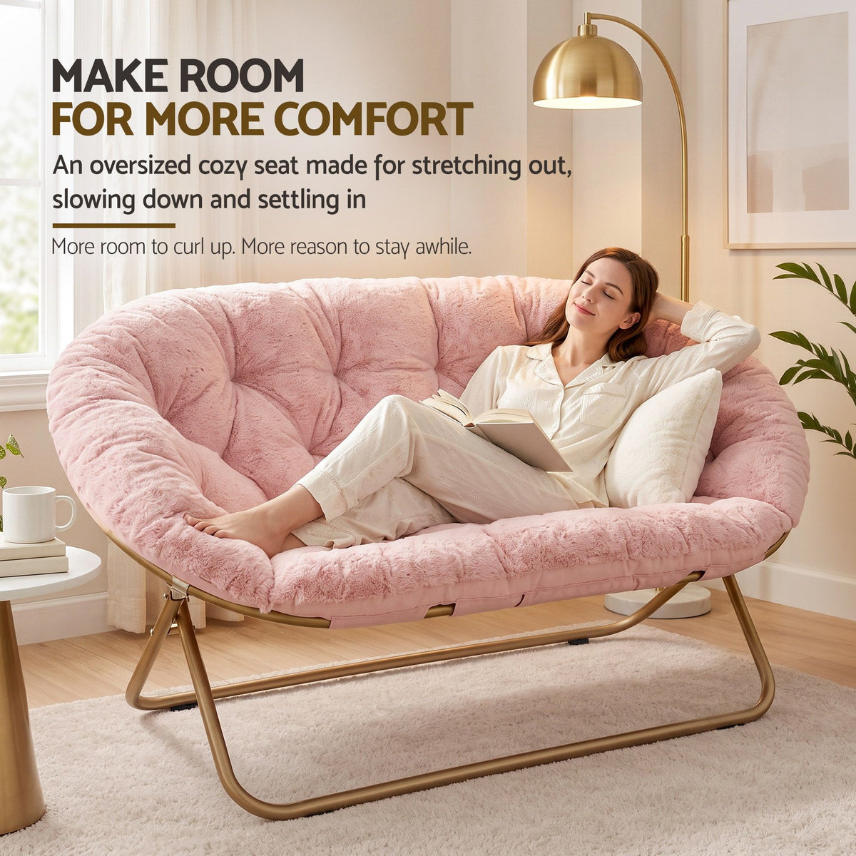 Artiss Double Saucer Chair Soft Faux Fur Lounge Foldable Oversize Chair for Bedroom Pink-Furniture > Bar Stools &amp; Chairs > Arm Chairs &amp; Recliners-PEROZ Accessories