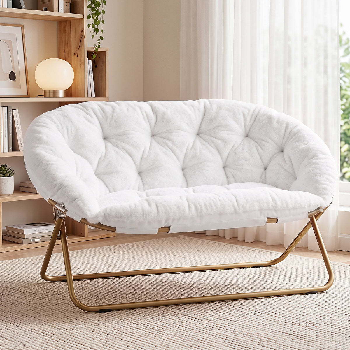 Artiss Double Saucer Chair Soft Faux Fur Lounge Foldable Oversize Chair for Bedroom White-Furniture > Bar Stools &amp; Chairs > Arm Chairs &amp; Recliners-PEROZ Accessories