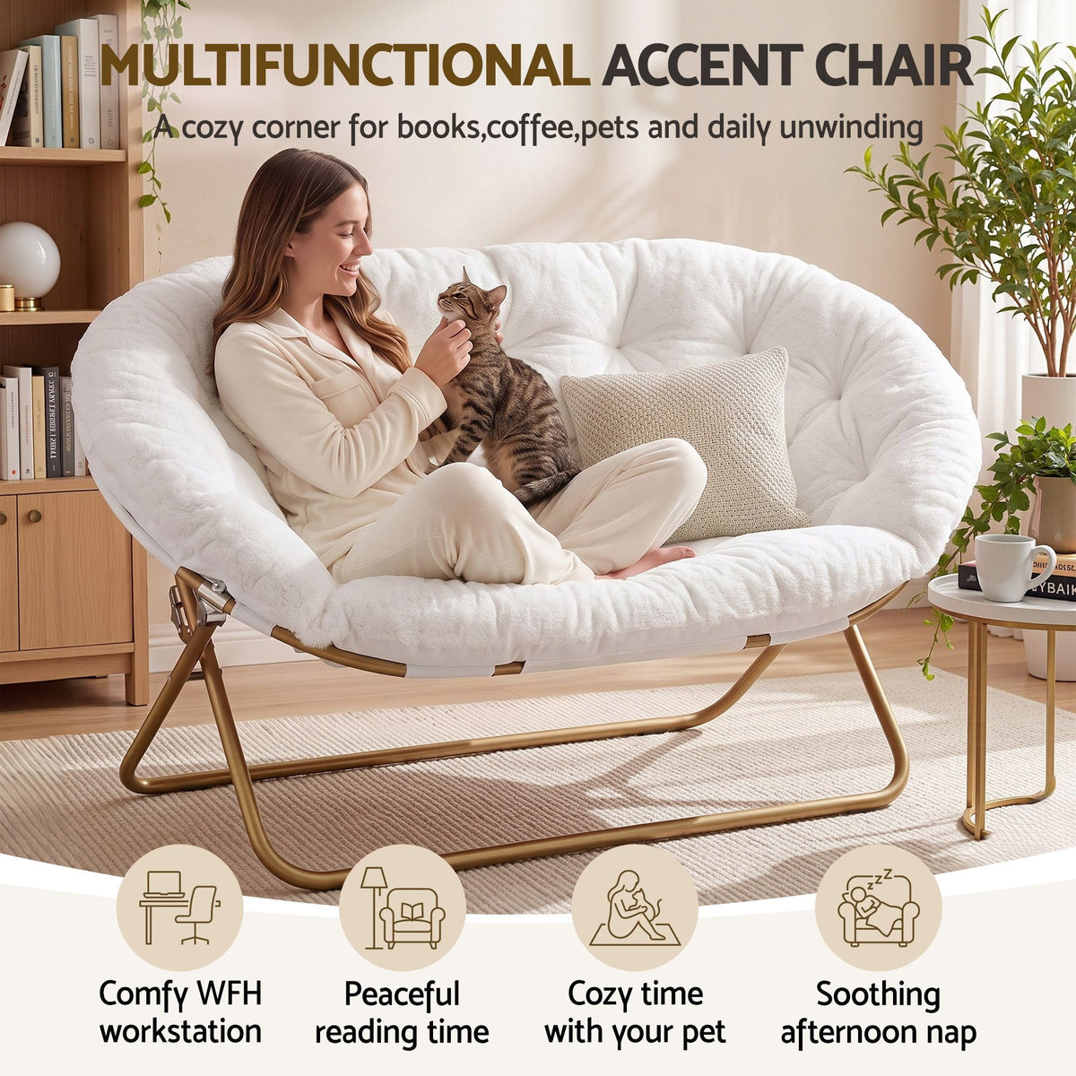 Artiss Double Saucer Chair Soft Faux Fur Lounge Foldable Oversize Chair for Bedroom White-Furniture > Bar Stools &amp; Chairs > Arm Chairs &amp; Recliners-PEROZ Accessories