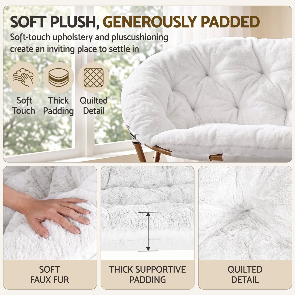 Artiss Double Saucer Chair Soft Faux Fur Lounge Foldable Oversize Chair for Bedroom White-Furniture > Bar Stools &amp; Chairs > Arm Chairs &amp; Recliners-PEROZ Accessories