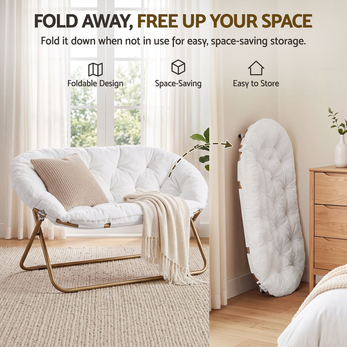 Artiss Double Saucer Chair Soft Faux Fur Lounge Foldable Oversize Chair for Bedroom White-Furniture > Bar Stools &amp; Chairs > Arm Chairs &amp; Recliners-PEROZ Accessories