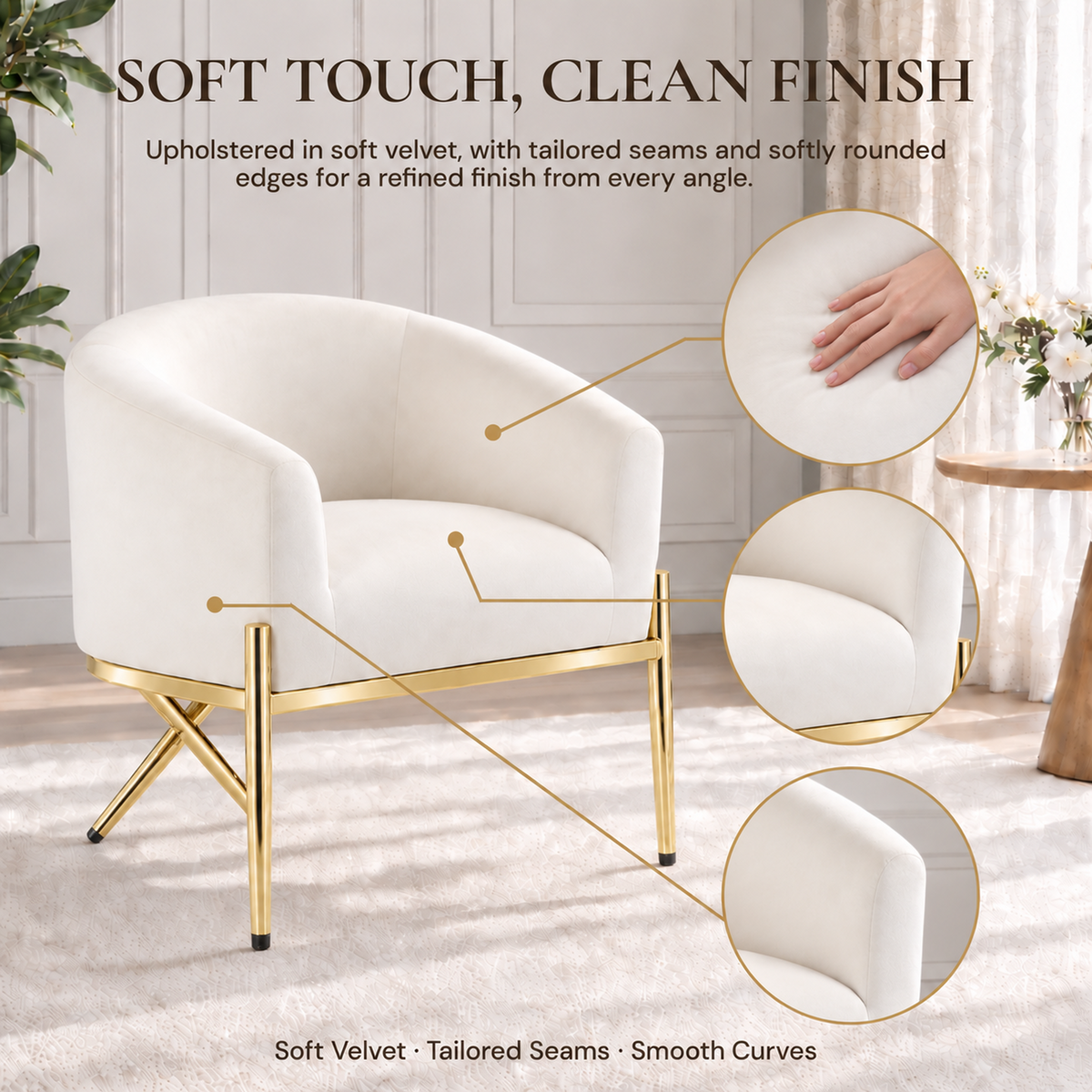 Artiss Armchair Velvet Lounge Accent Chair Nursing Sofa White, Single Sofa Armchair for Living Room, Bedroom, Office and Vanity.-Furniture > Bar Stools &amp; Chairs > Arm Chairs &amp; Recliners-PEROZ Accessories