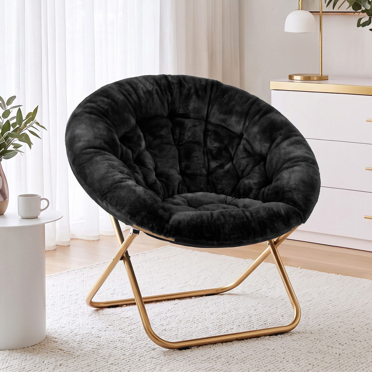 Artiss Cozy Saucer Chair Soft Faux Fur Folding Accent Chair for Bedroom Black-Furniture > Bar Stools &amp; Chairs > Arm Chairs &amp; Recliners-PEROZ Accessories