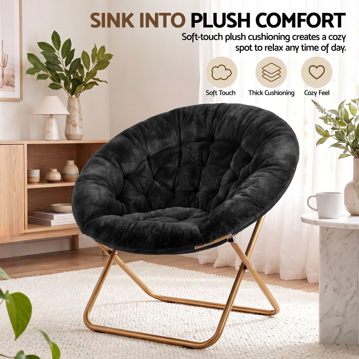 Artiss Cozy Saucer Chair Soft Faux Fur Folding Accent Chair for Bedroom Black-Furniture > Bar Stools &amp; Chairs > Arm Chairs &amp; Recliners-PEROZ Accessories