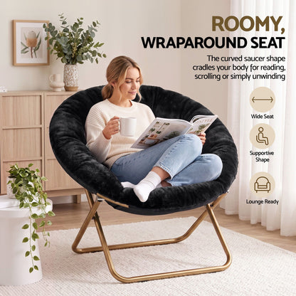 Artiss Cozy Saucer Chair Soft Faux Fur Folding Accent Chair for Bedroom Black-Furniture > Bar Stools &amp; Chairs > Arm Chairs &amp; Recliners-PEROZ Accessories