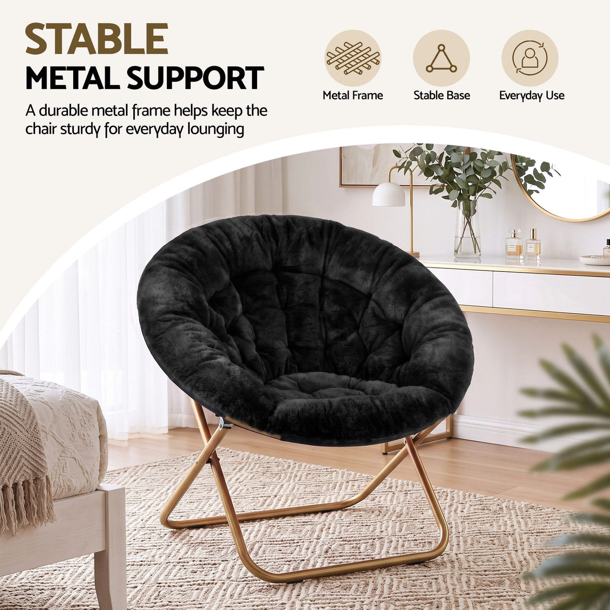 Artiss Cozy Saucer Chair Soft Faux Fur Folding Accent Chair for Bedroom Black-Furniture > Bar Stools &amp; Chairs > Arm Chairs &amp; Recliners-PEROZ Accessories