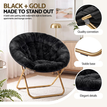 Artiss Cozy Saucer Chair Soft Faux Fur Folding Accent Chair for Bedroom Black-Furniture > Bar Stools &amp; Chairs > Arm Chairs &amp; Recliners-PEROZ Accessories