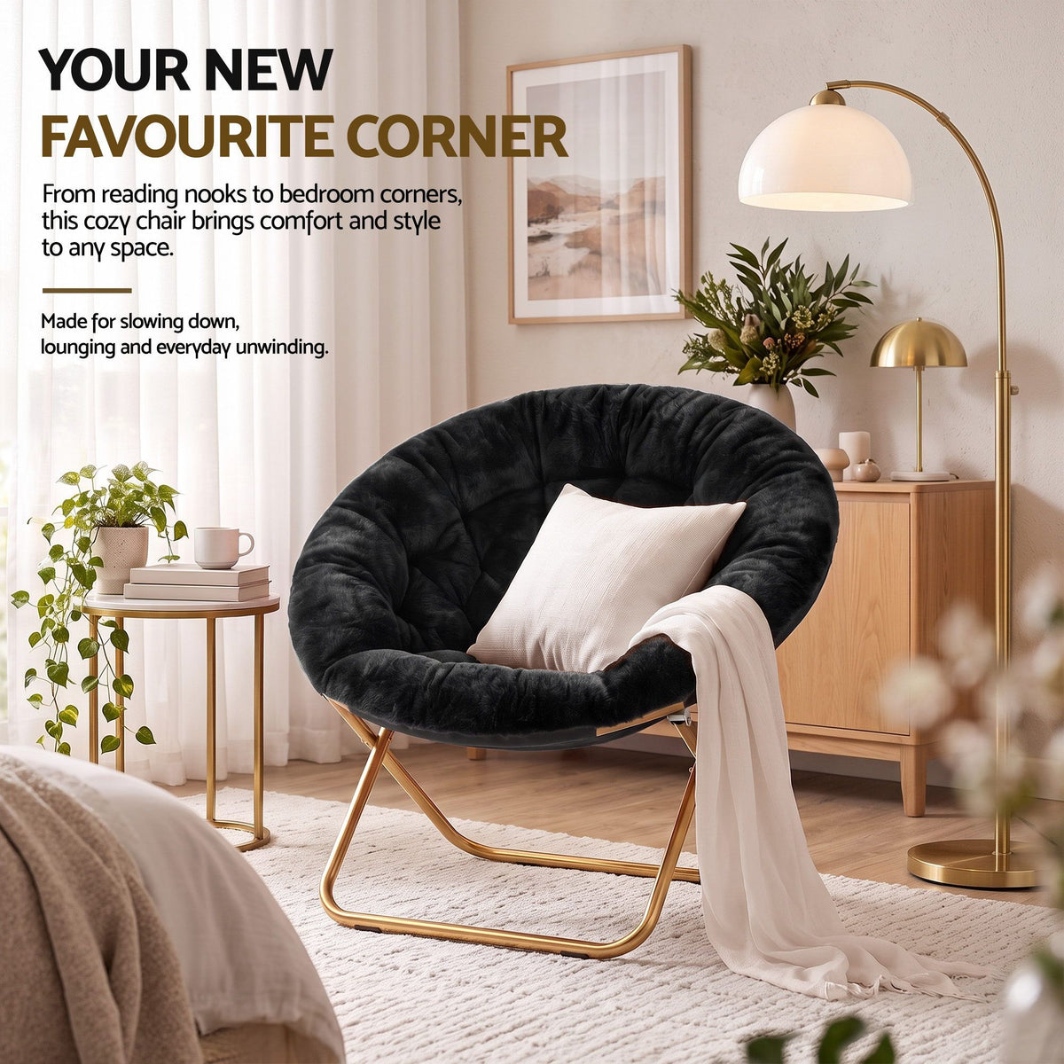 Artiss Cozy Saucer Chair Soft Faux Fur Folding Accent Chair for Bedroom Black-Furniture > Bar Stools &amp; Chairs > Arm Chairs &amp; Recliners-PEROZ Accessories