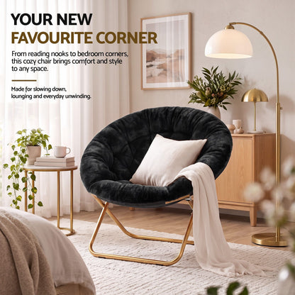 Artiss Cozy Saucer Chair Soft Faux Fur Folding Accent Chair for Bedroom Black-Furniture > Bar Stools &amp; Chairs > Arm Chairs &amp; Recliners-PEROZ Accessories
