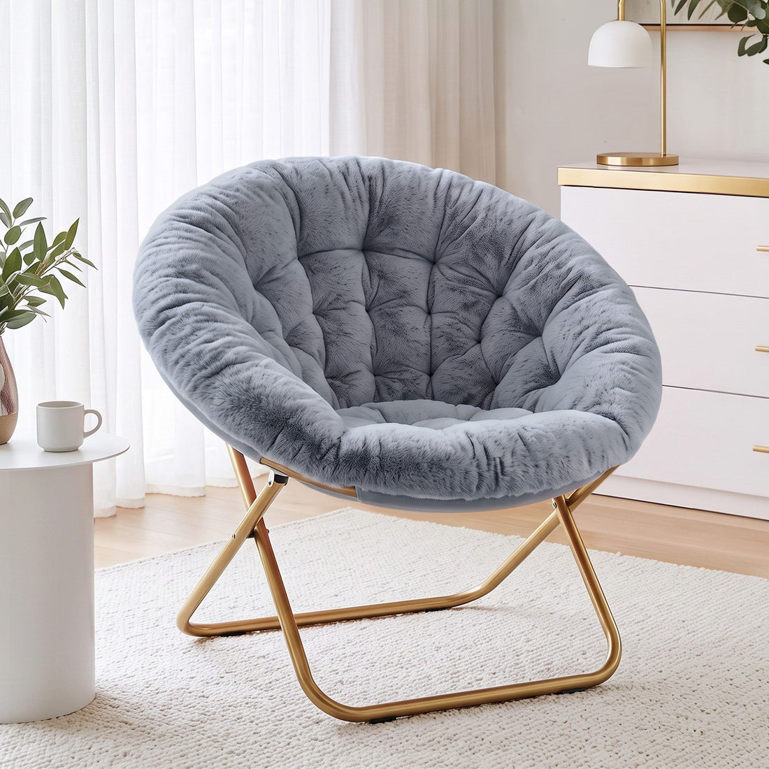 Artiss Cozy Saucer Chair Soft Faux Fur Folding Accent Chair for Bedroom Grey-Furniture > Bar Stools &amp; Chairs > Arm Chairs &amp; Recliners-PEROZ Accessories
