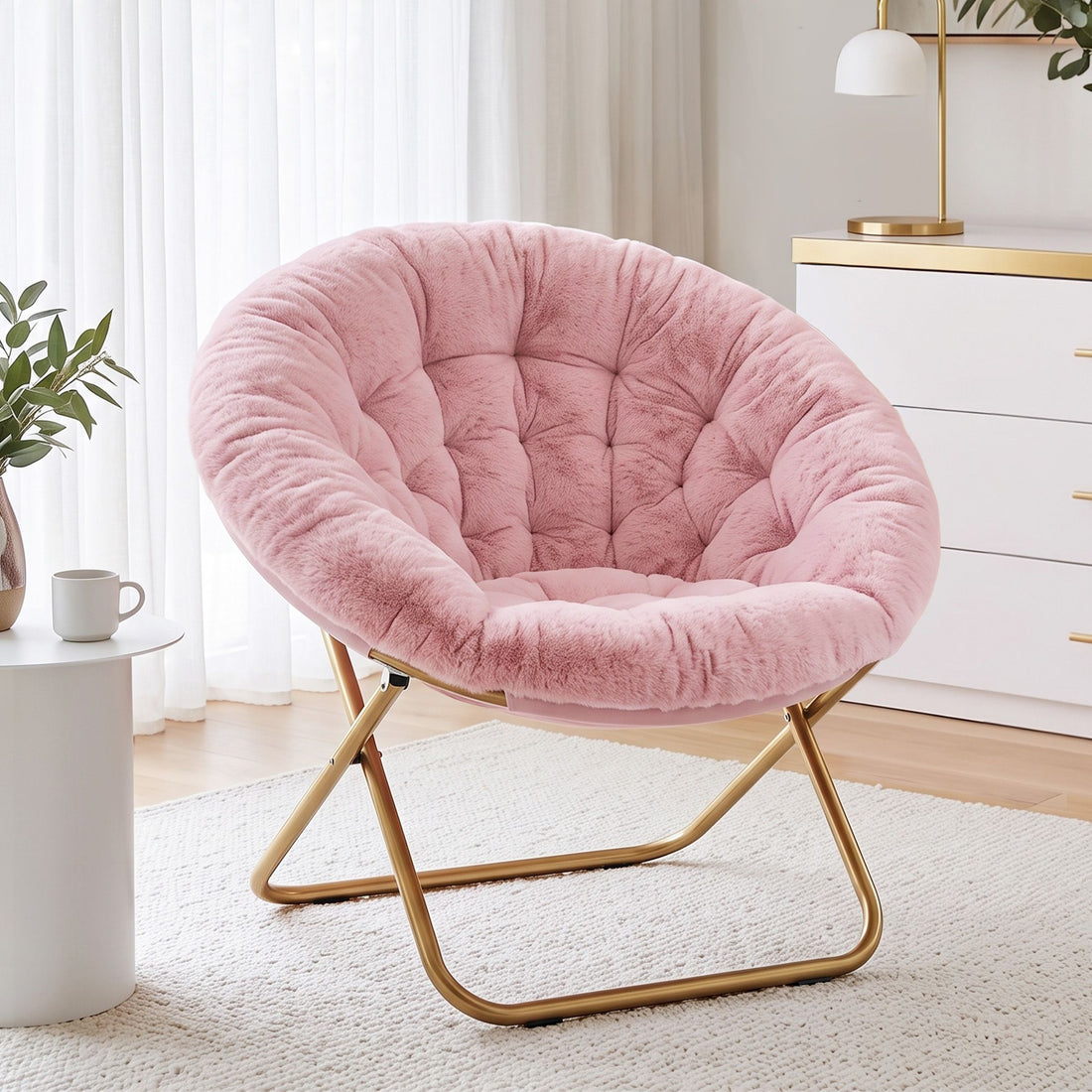 Artiss Cozy Saucer Chair Soft Faux Fur Folding Accent Chair for Bedroom Pink-Furniture > Bar Stools &amp; Chairs > Arm Chairs &amp; Recliners-PEROZ Accessories