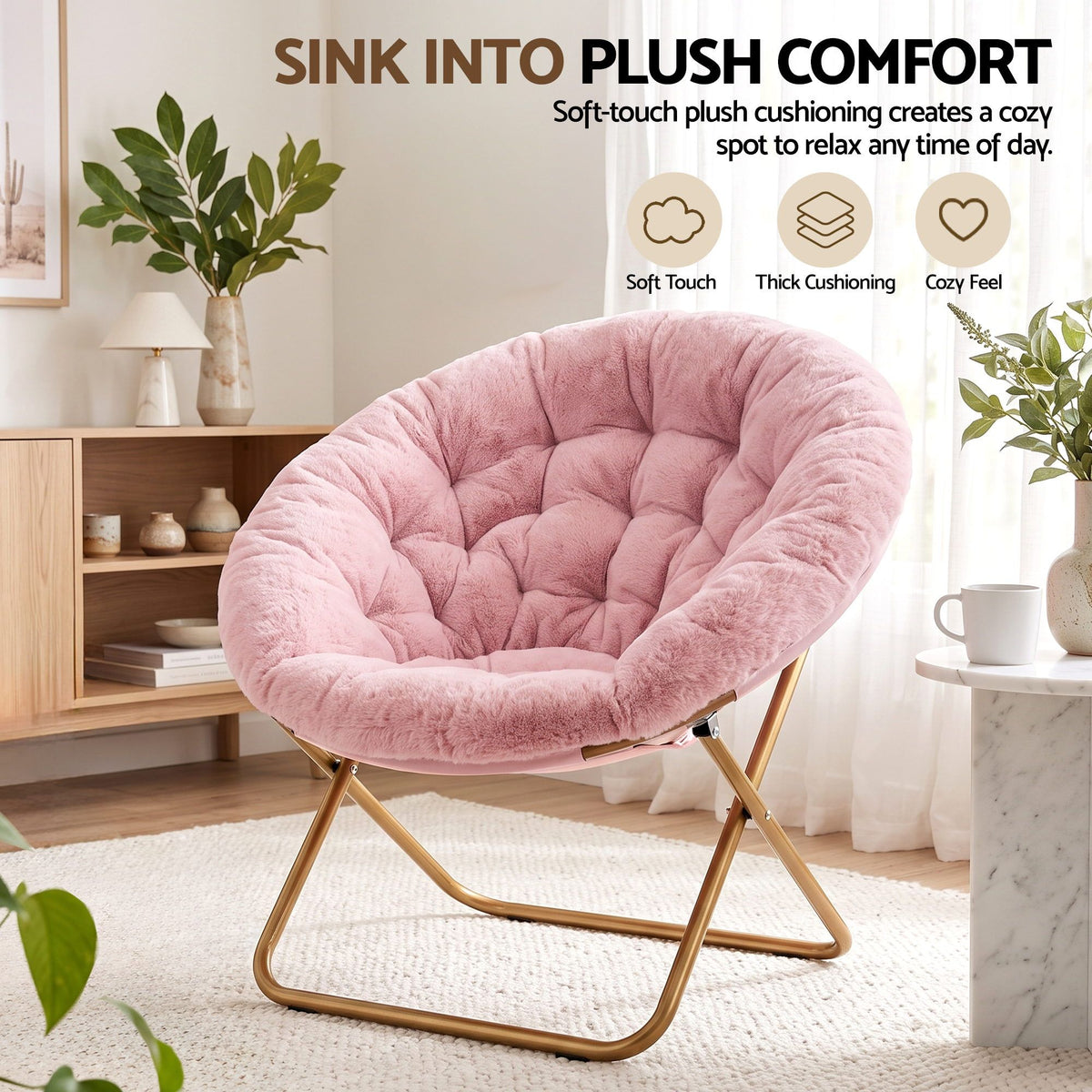 Artiss Cozy Saucer Chair Soft Faux Fur Folding Accent Chair for Bedroom Pink-Furniture > Bar Stools &amp; Chairs > Arm Chairs &amp; Recliners-PEROZ Accessories