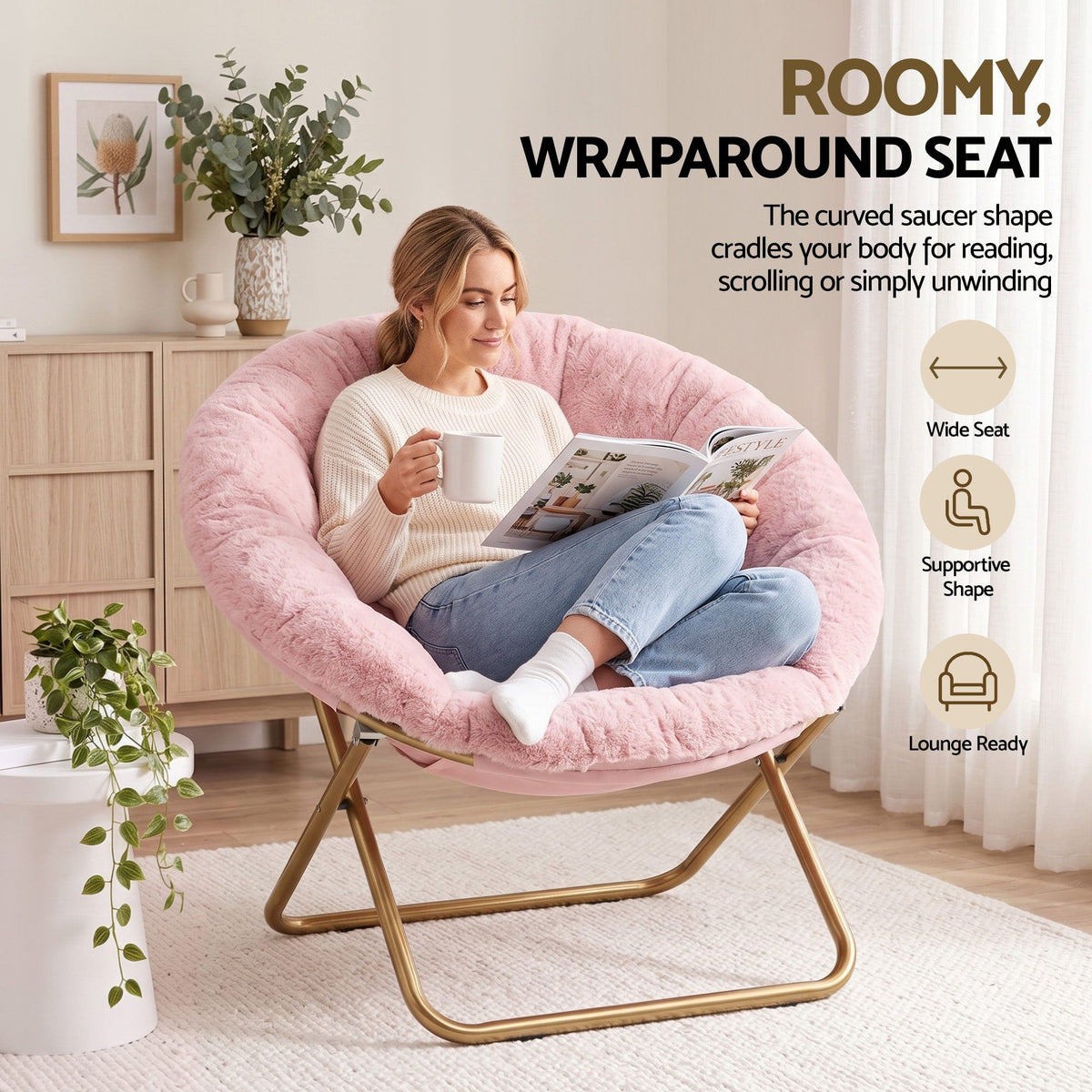 Artiss Cozy Saucer Chair Soft Faux Fur Folding Accent Chair for Bedroom Pink-Furniture > Bar Stools &amp; Chairs > Arm Chairs &amp; Recliners-PEROZ Accessories