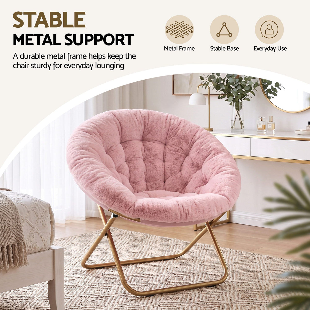 Artiss Cozy Saucer Chair Soft Faux Fur Folding Accent Chair for Bedroom Pink-Furniture > Bar Stools &amp; Chairs > Arm Chairs &amp; Recliners-PEROZ Accessories