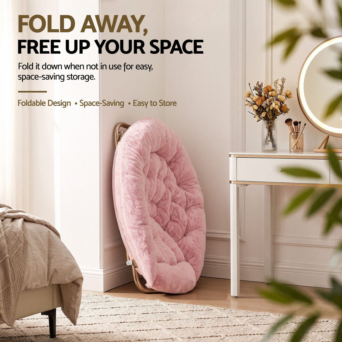 Artiss Cozy Saucer Chair Soft Faux Fur Folding Accent Chair for Bedroom Pink-Furniture > Bar Stools &amp; Chairs > Arm Chairs &amp; Recliners-PEROZ Accessories