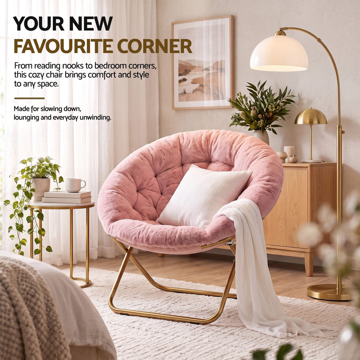 Artiss Cozy Saucer Chair Soft Faux Fur Folding Accent Chair for Bedroom Pink-Furniture > Bar Stools &amp; Chairs > Arm Chairs &amp; Recliners-PEROZ Accessories