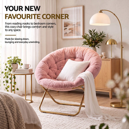 Artiss Cozy Saucer Chair Soft Faux Fur Folding Accent Chair for Bedroom Pink-Furniture > Bar Stools &amp; Chairs > Arm Chairs &amp; Recliners-PEROZ Accessories
