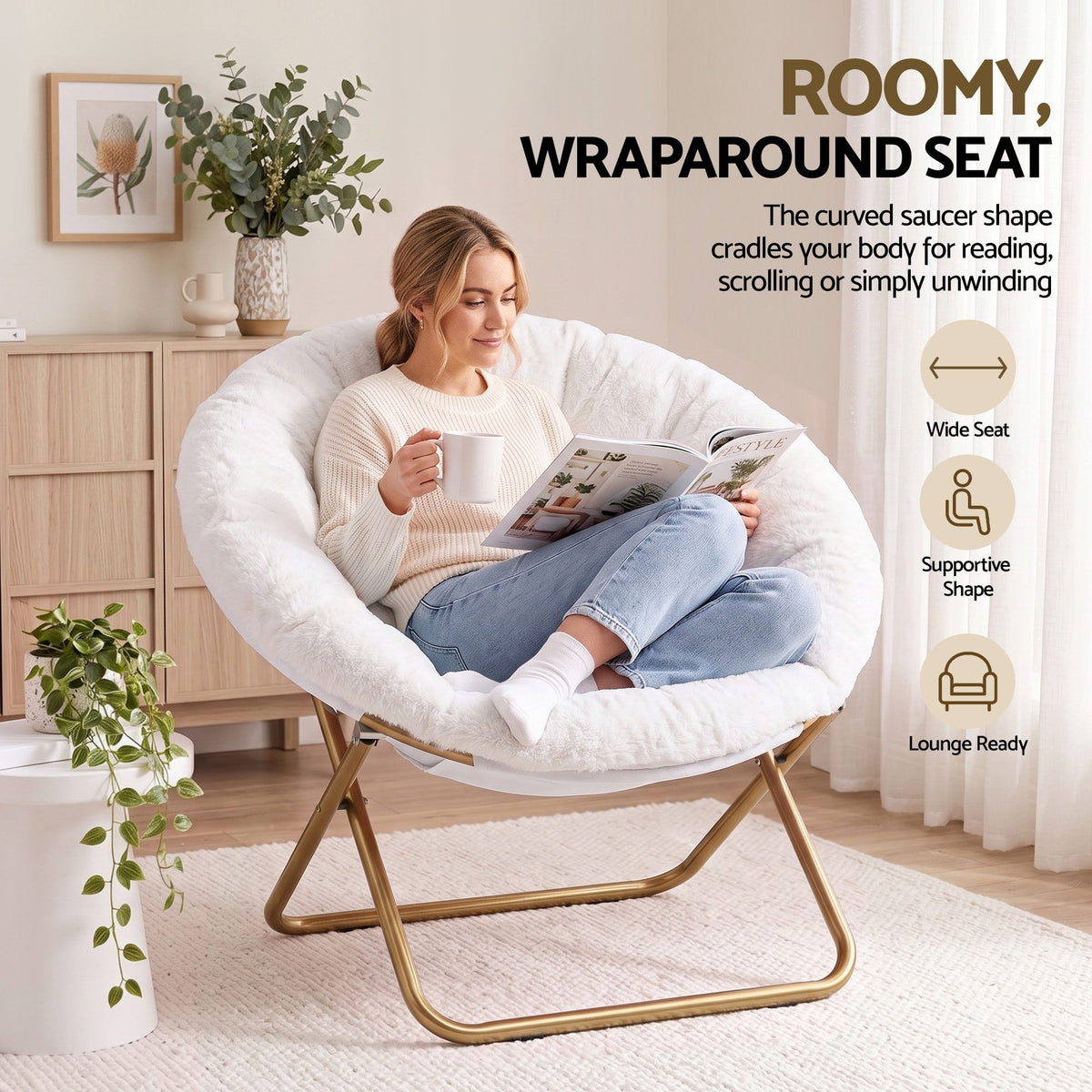 Artiss Cozy Saucer Chair Soft Faux Fur Folding Accent Chair for Bedroom White-Furniture > Bar Stools &amp; Chairs > Arm Chairs &amp; Recliners-PEROZ Accessories