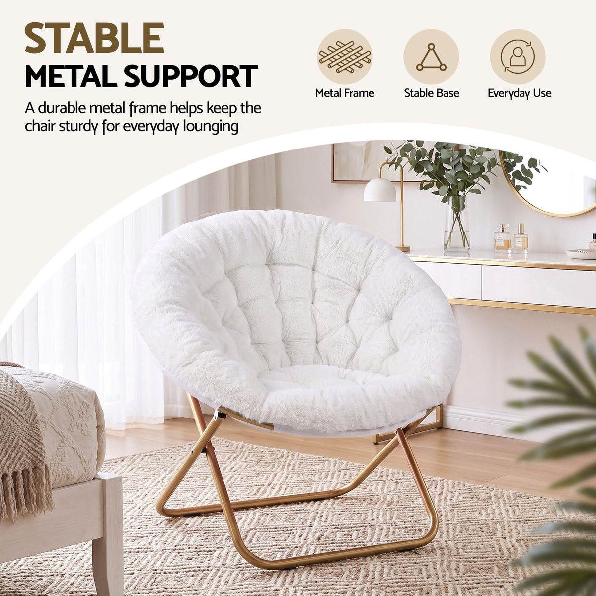 Artiss Cozy Saucer Chair Soft Faux Fur Folding Accent Chair for Bedroom White-Furniture > Bar Stools &amp; Chairs > Arm Chairs &amp; Recliners-PEROZ Accessories