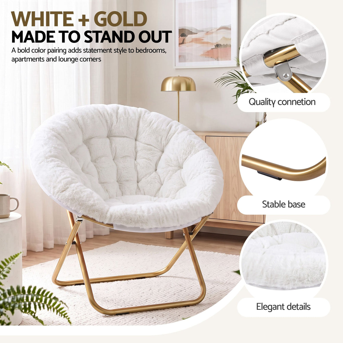 Artiss Cozy Saucer Chair Soft Faux Fur Folding Accent Chair for Bedroom White-Furniture > Bar Stools &amp; Chairs > Arm Chairs &amp; Recliners-PEROZ Accessories