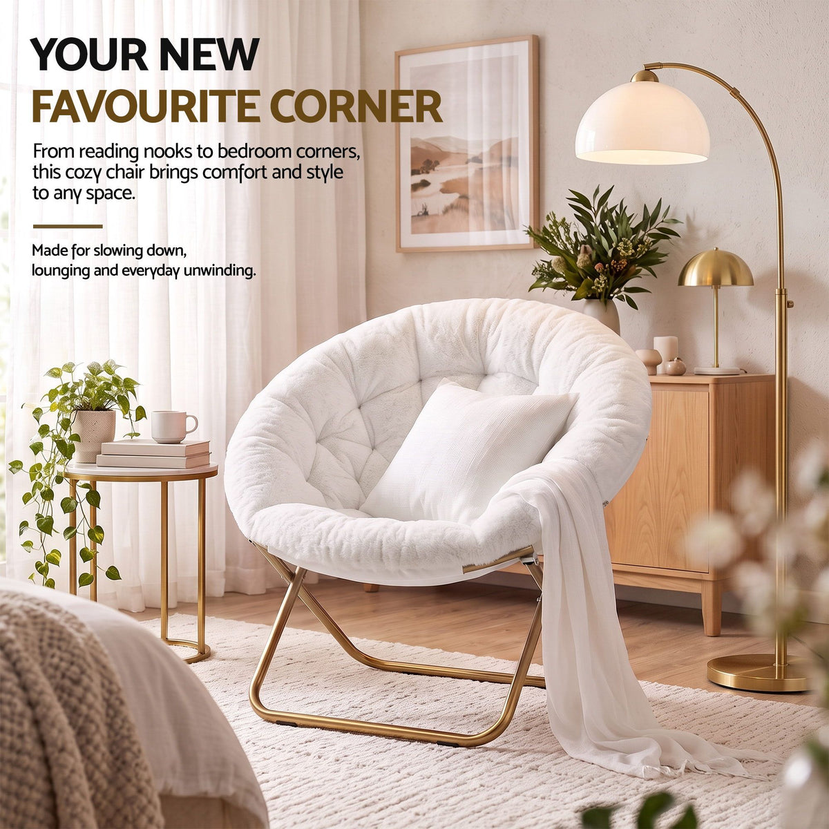 Artiss Cozy Saucer Chair Soft Faux Fur Folding Accent Chair for Bedroom White-Furniture > Bar Stools &amp; Chairs > Arm Chairs &amp; Recliners-PEROZ Accessories