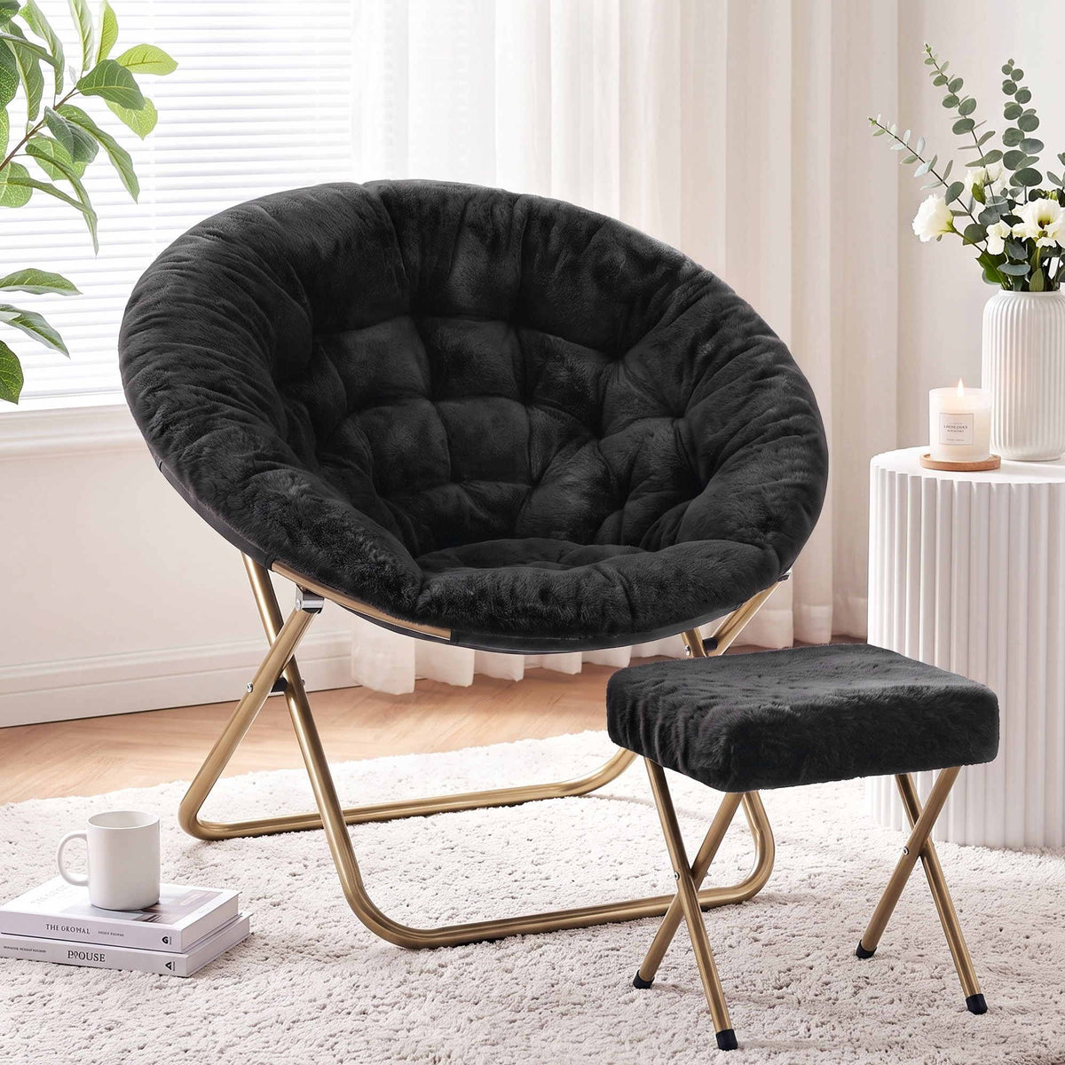 Artiss Comfy Saucer Chair Soft Faux Fur Foldable Accent Chair with Ottoman Black-Furniture > Bar Stools &amp; Chairs > Arm Chairs &amp; Recliners-PEROZ Accessories