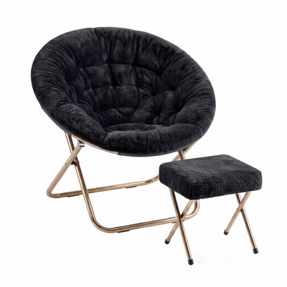 Artiss Comfy Saucer Chair Soft Faux Fur Foldable Accent Chair with Ottoman Black-Furniture > Bar Stools &amp; Chairs > Arm Chairs &amp; Recliners-PEROZ Accessories