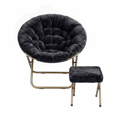 Artiss Comfy Saucer Chair Soft Faux Fur Foldable Accent Chair with Ottoman Black-Furniture > Bar Stools &amp; Chairs > Arm Chairs &amp; Recliners-PEROZ Accessories