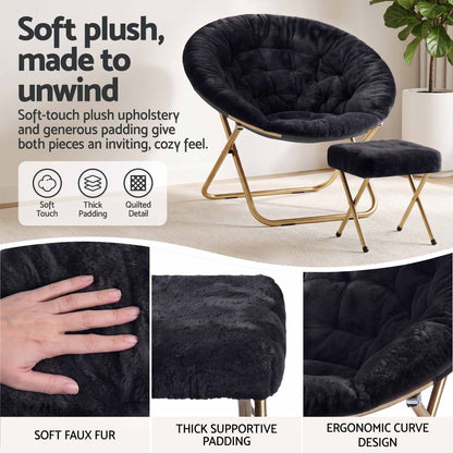 Artiss Comfy Saucer Chair Soft Faux Fur Foldable Accent Chair with Ottoman Black-Furniture > Bar Stools &amp; Chairs > Arm Chairs &amp; Recliners-PEROZ Accessories