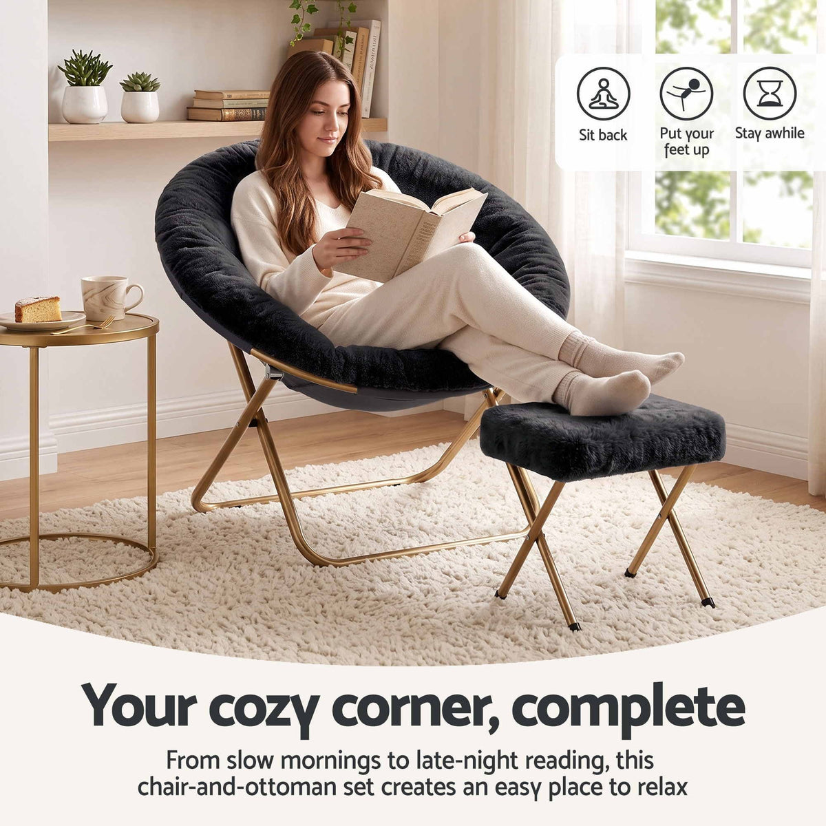 Artiss Comfy Saucer Chair Soft Faux Fur Foldable Accent Chair with Ottoman Black-Furniture > Bar Stools &amp; Chairs > Arm Chairs &amp; Recliners-PEROZ Accessories