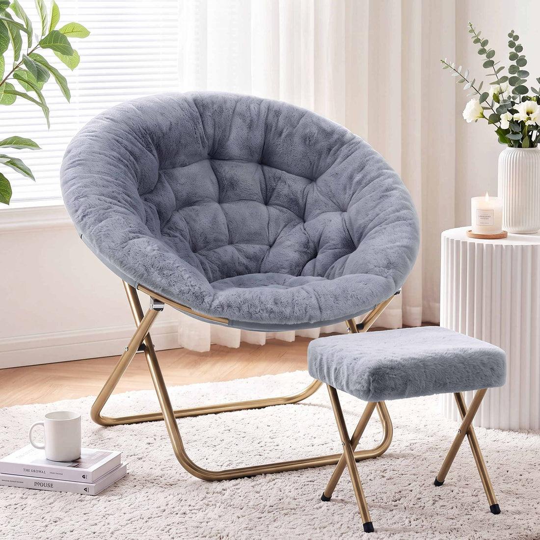 Artiss Comfy Saucer Chair Soft Faux Fur Foldable Accent Chair with Ottoman Grey-Furniture > Bar Stools &amp; Chairs > Arm Chairs &amp; Recliners-PEROZ Accessories