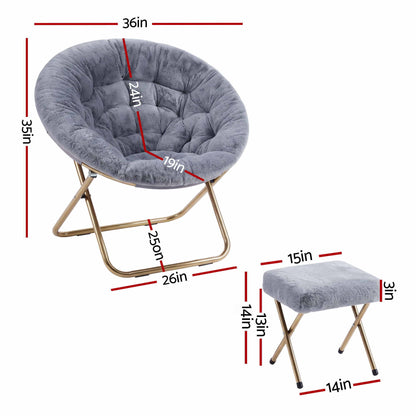 Artiss Comfy Saucer Chair Soft Faux Fur Foldable Accent Chair with Ottoman Grey-Furniture > Bar Stools &amp; Chairs > Arm Chairs &amp; Recliners-PEROZ Accessories