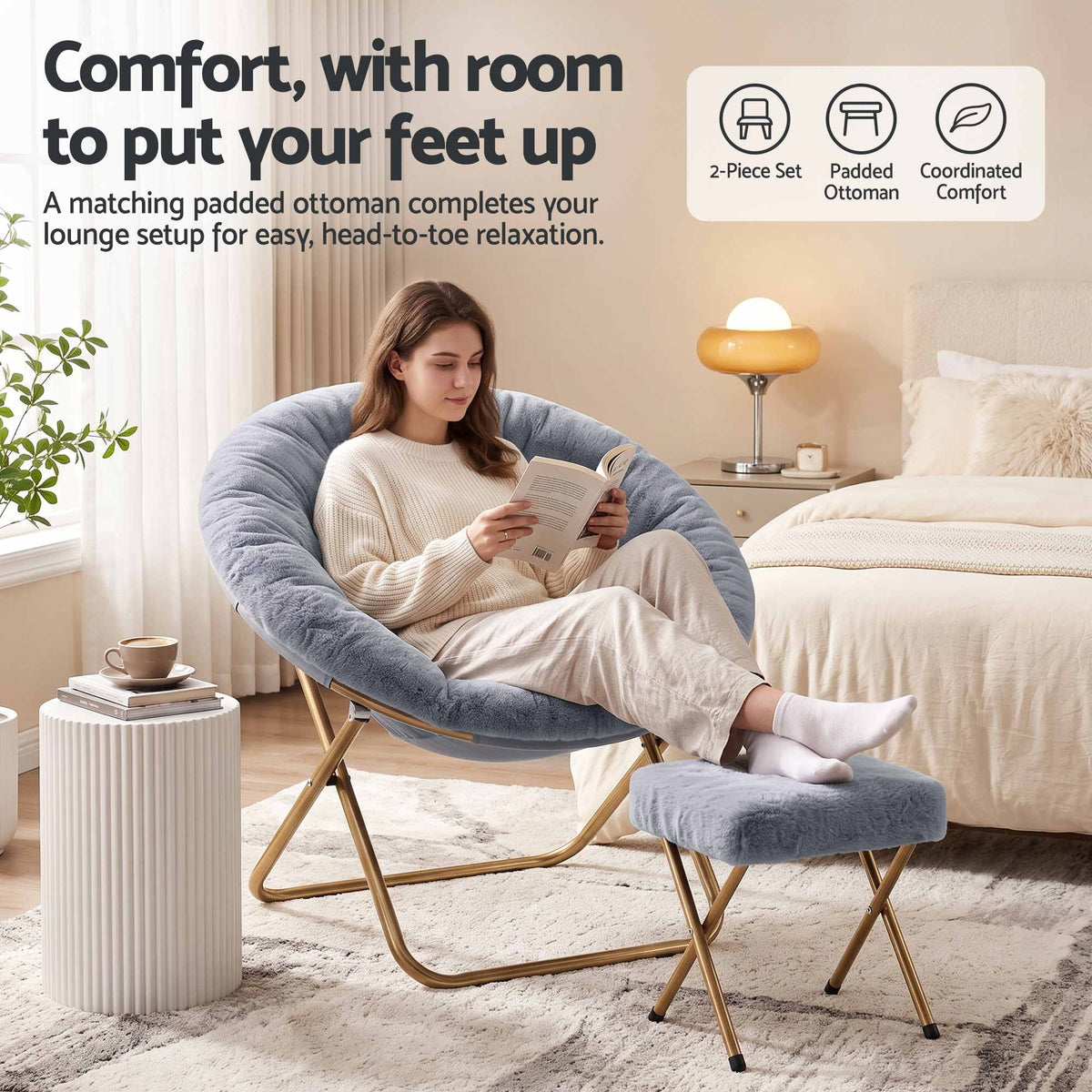 Artiss Comfy Saucer Chair Soft Faux Fur Foldable Accent Chair with Ottoman Grey-Furniture > Bar Stools &amp; Chairs > Arm Chairs &amp; Recliners-PEROZ Accessories