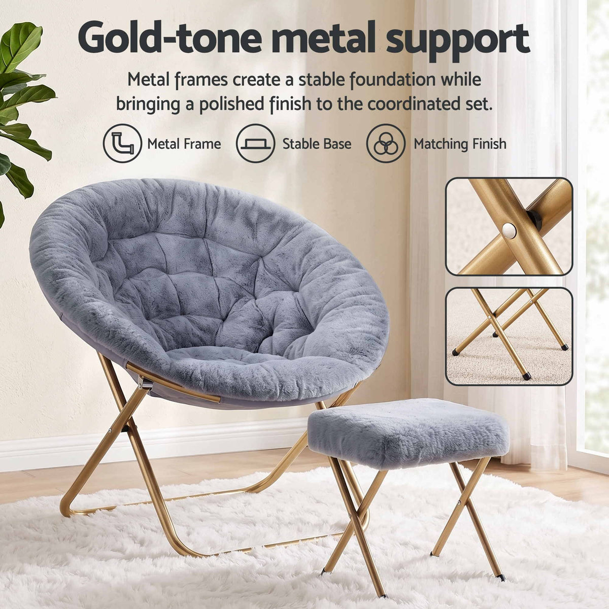 Artiss Comfy Saucer Chair Soft Faux Fur Foldable Accent Chair with Ottoman Grey-Furniture > Bar Stools &amp; Chairs > Arm Chairs &amp; Recliners-PEROZ Accessories