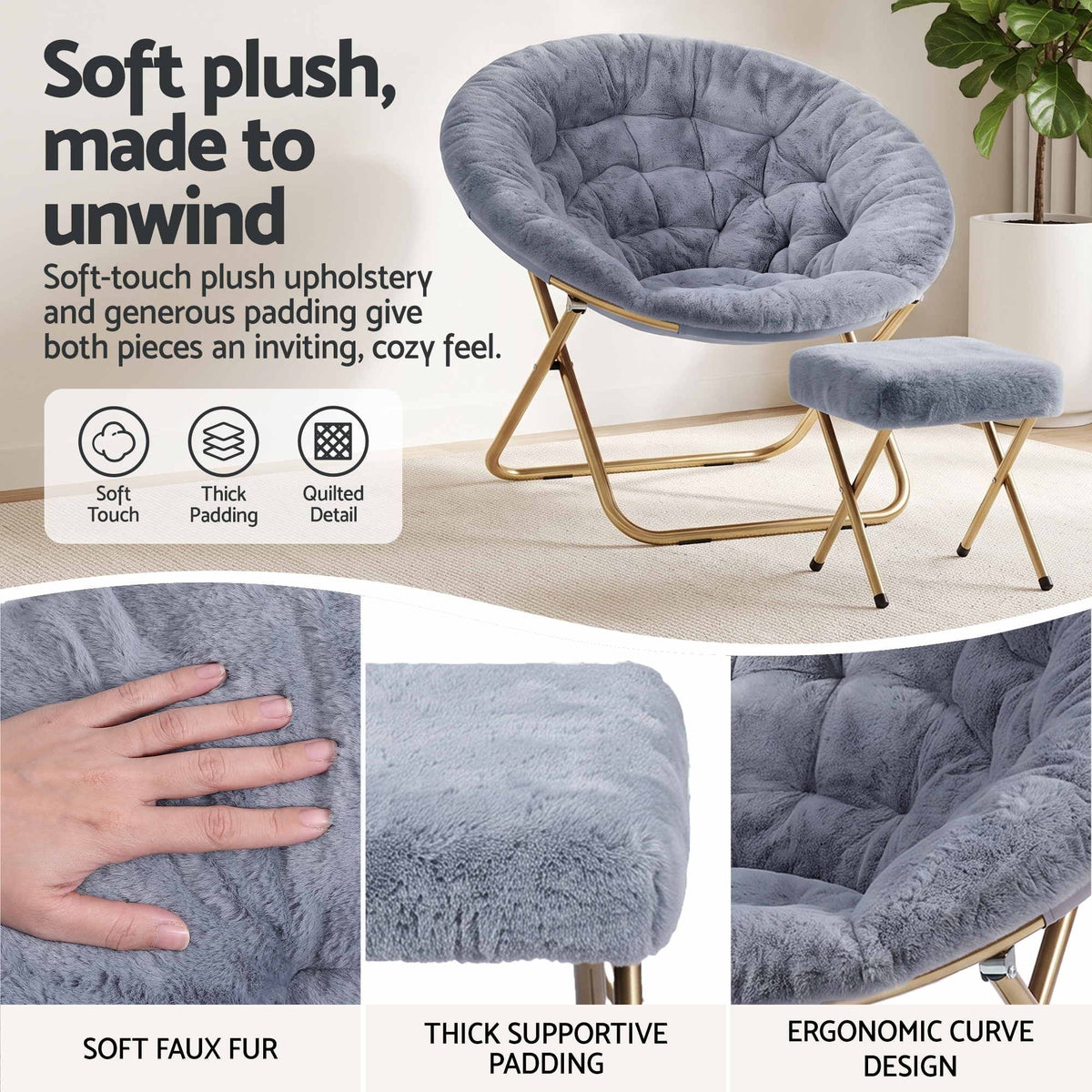 Artiss Comfy Saucer Chair Soft Faux Fur Foldable Accent Chair with Ottoman Grey-Furniture > Bar Stools &amp; Chairs > Arm Chairs &amp; Recliners-PEROZ Accessories