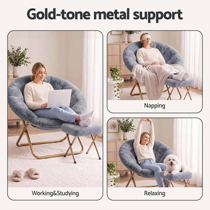 Artiss Comfy Saucer Chair Soft Faux Fur Foldable Accent Chair with Ottoman Grey-Furniture > Bar Stools &amp; Chairs > Arm Chairs &amp; Recliners-PEROZ Accessories